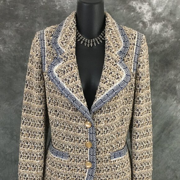 NWT NEW St John knit Fawn blue white beige multi jacket skirt suit size 8 10 - Picture 4 of 8